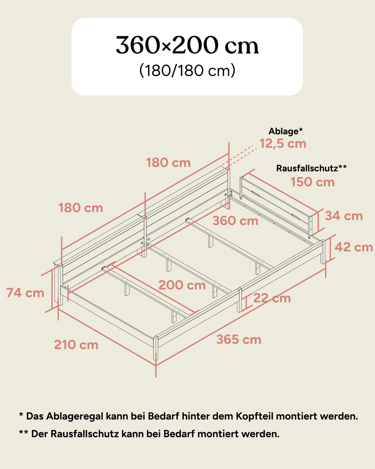 Maße Familienbett Esche 360x200 (180/180).