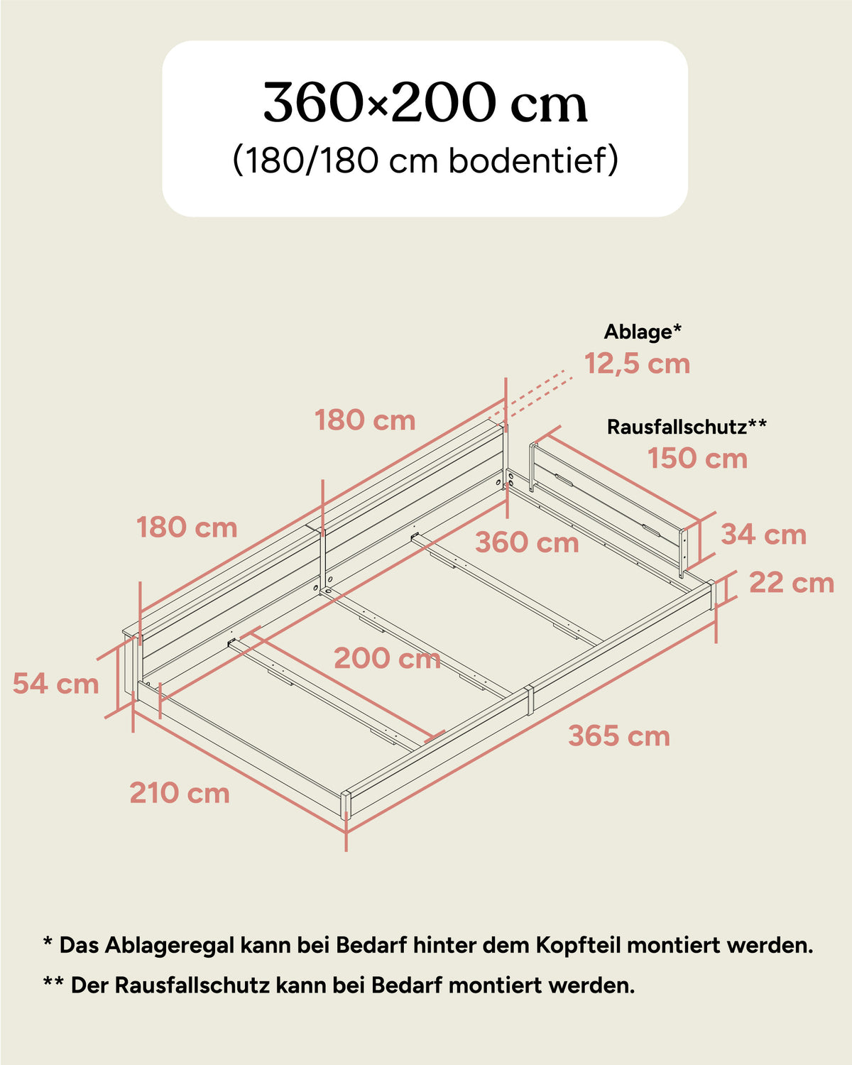 Maße Familienbett Esche 360x200 (180/180) bodentief.