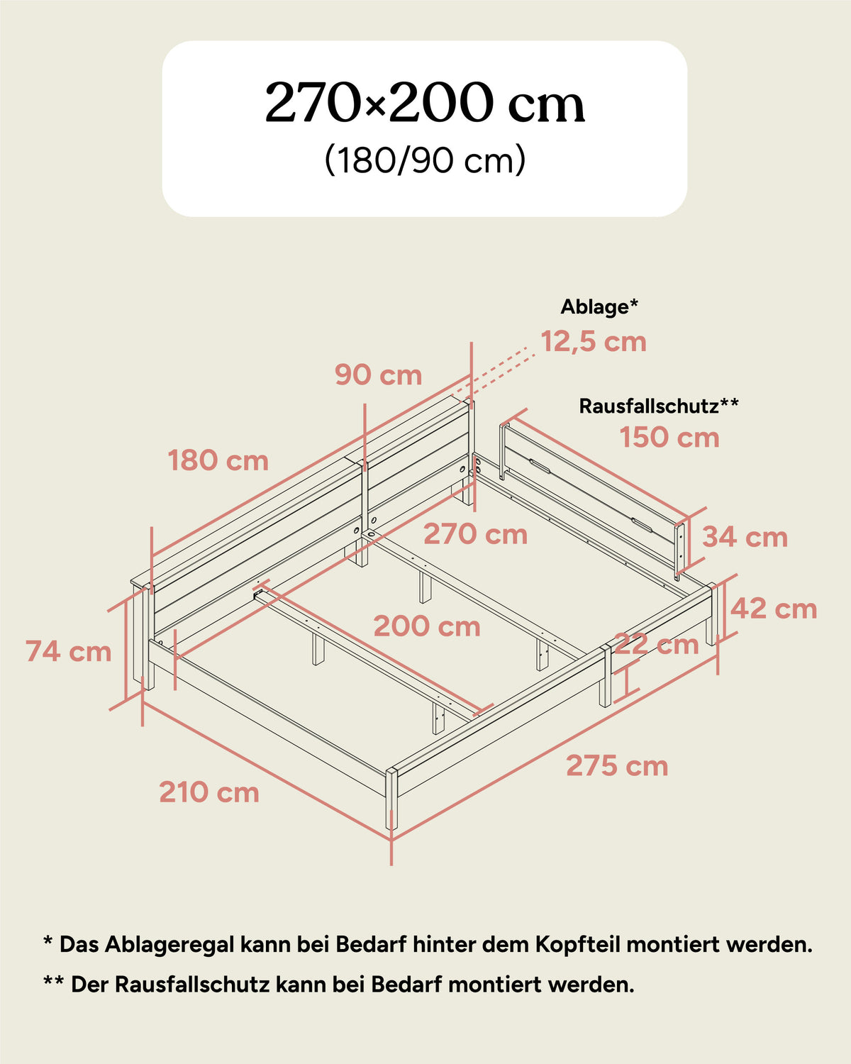 Maße Familienbett Esche 270x200 (180/90).