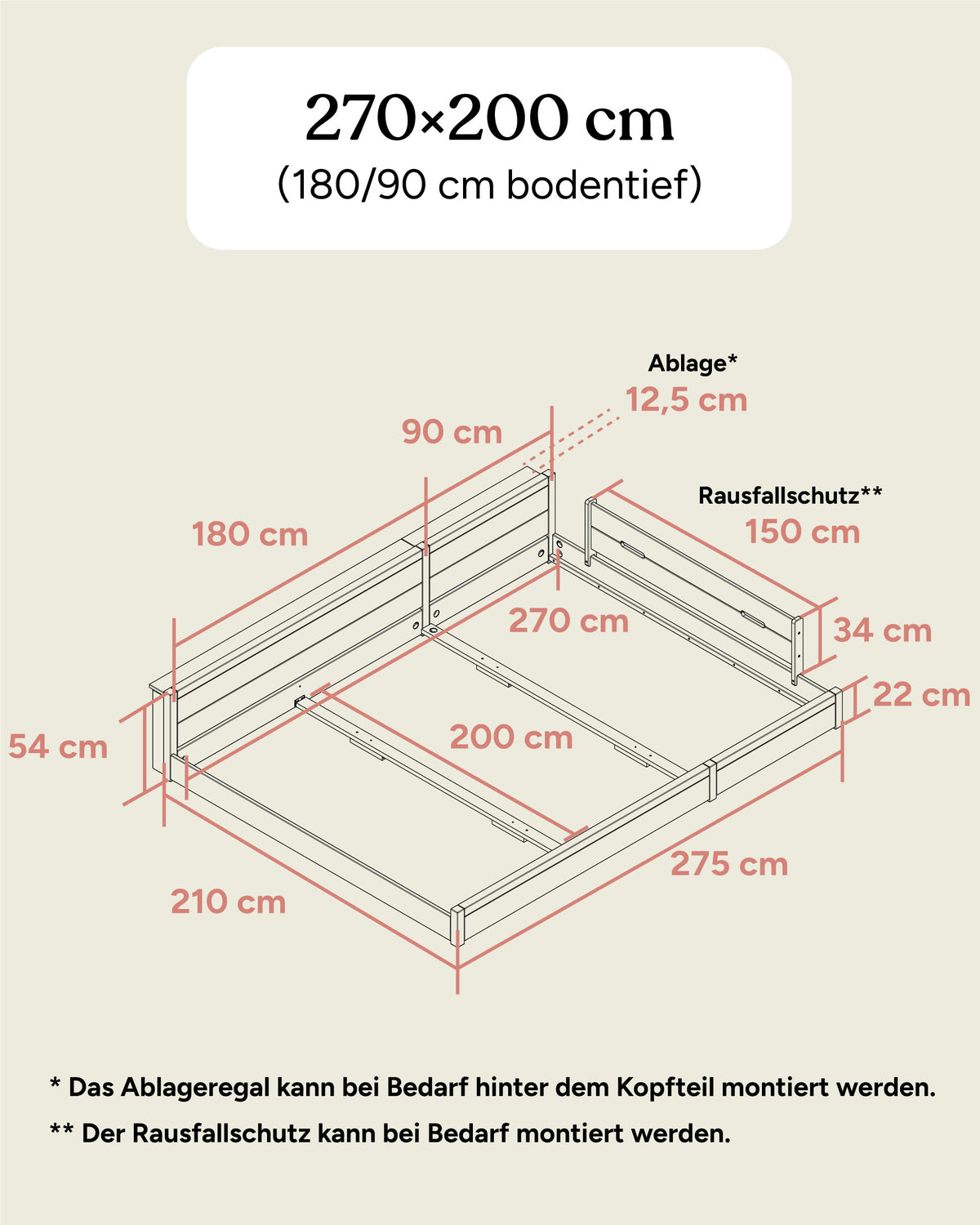 Maße Familienbett Esche 270x200 (180/90) bodentief.