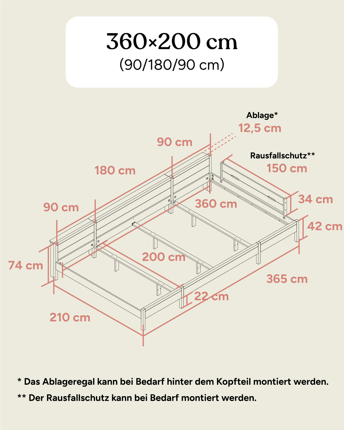 Maße Familienbett Esche 360x200 (90/180/90).