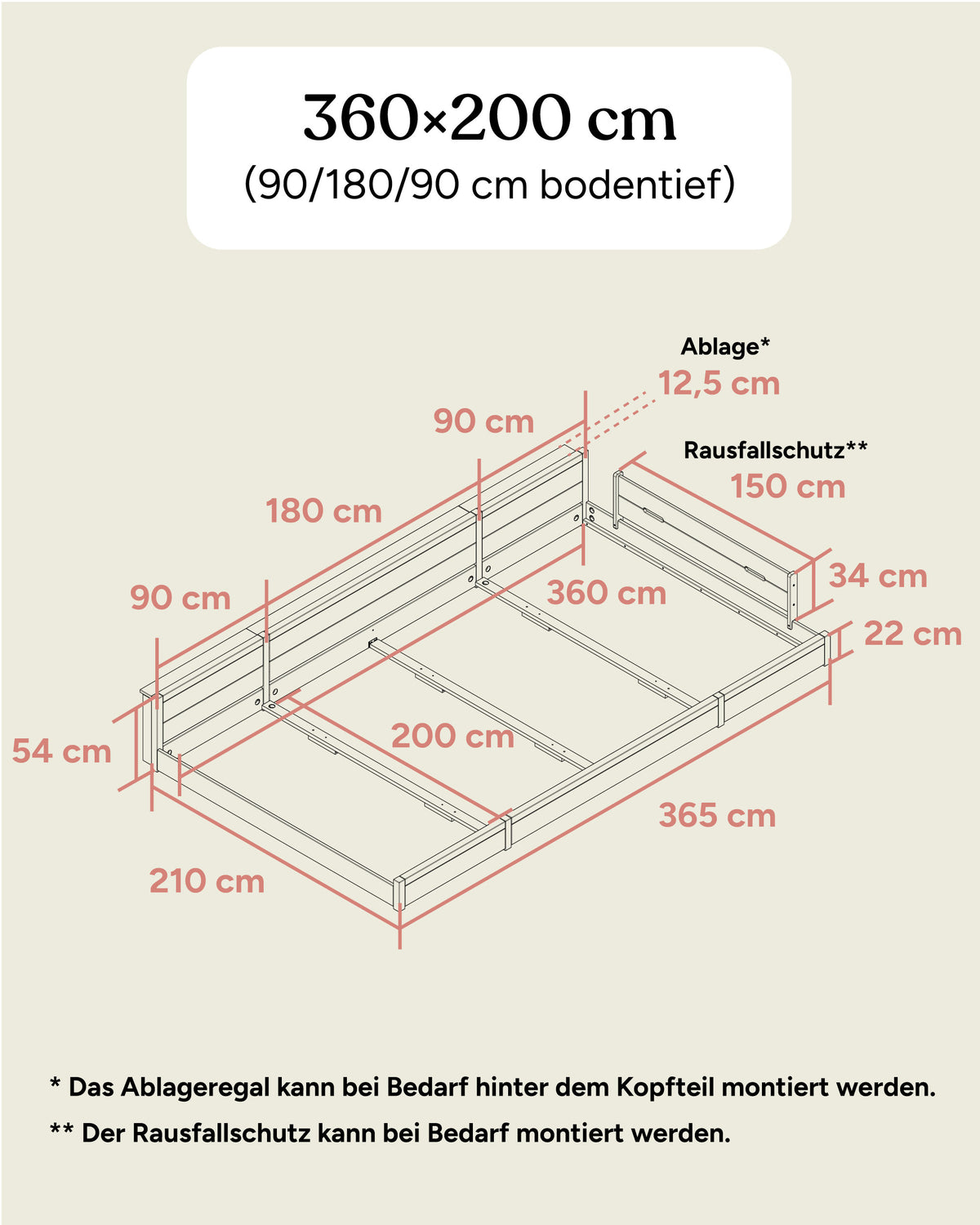 Maße Familienbett Esche 360x200 (90/180/90) bodentief.