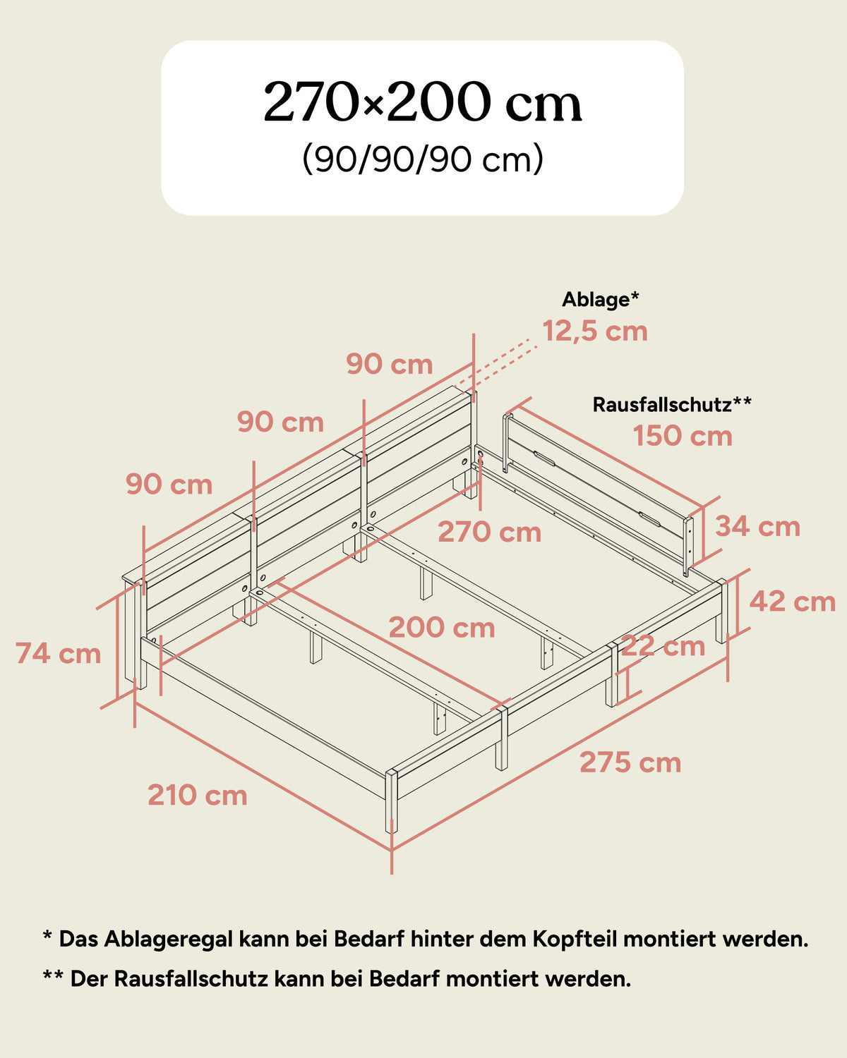 Maße Familienbett Esche 270x200 (90/90/90).