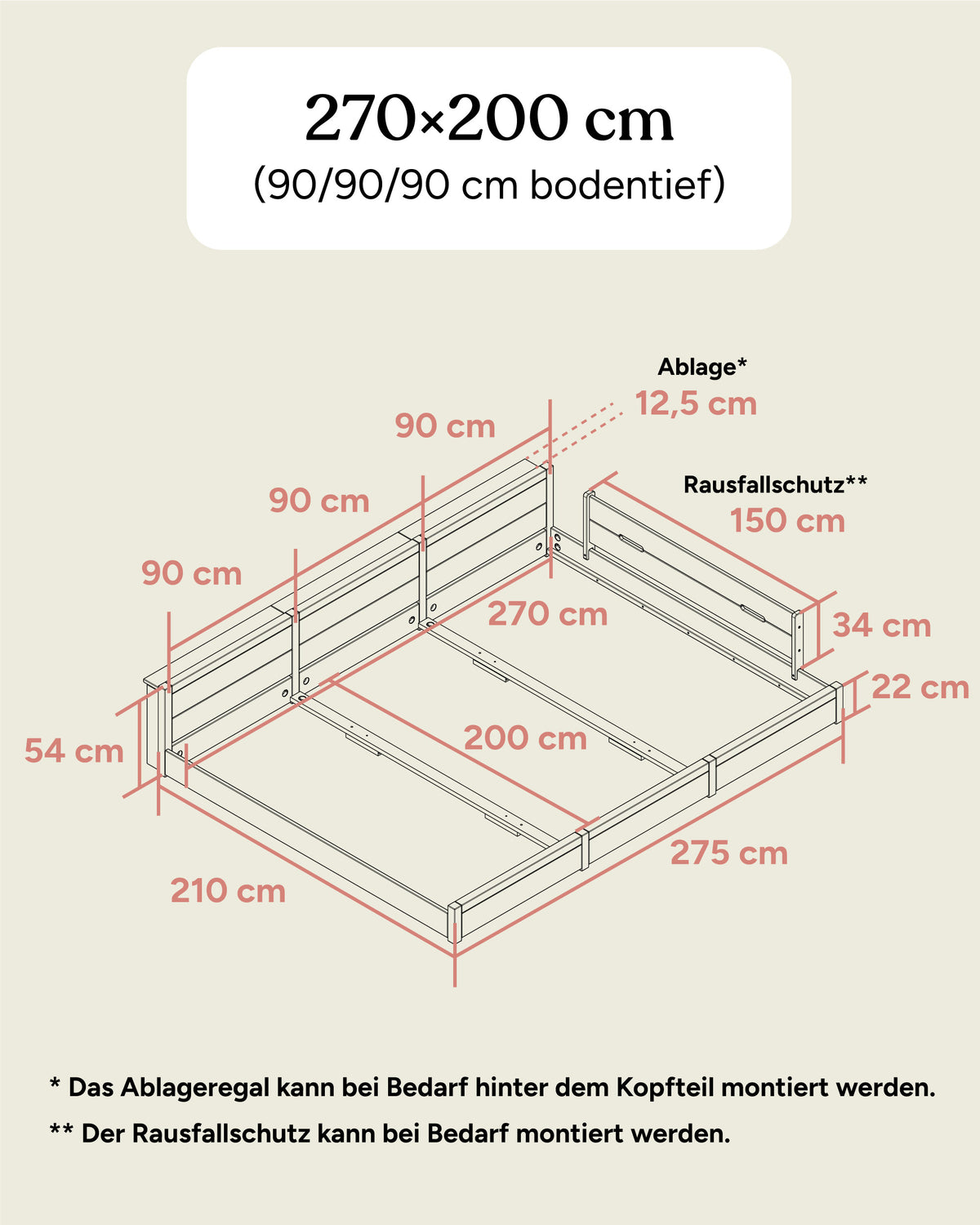 Maße Familienbett Esche 270x200 (90/90/90) bodentief.