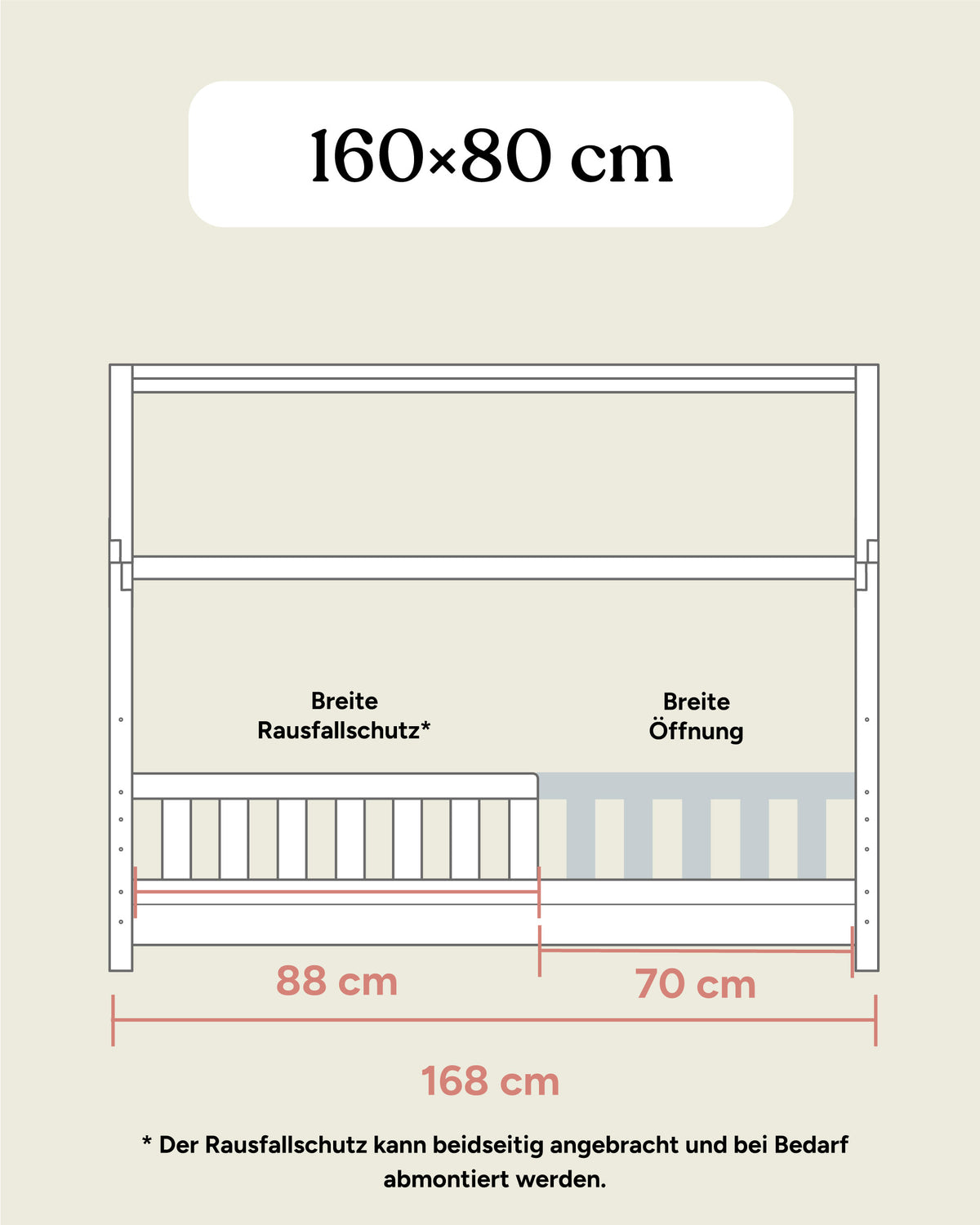Maßangaben Hausbett Kiefer 160x80 cm bodennah montiert Frontansicht.
