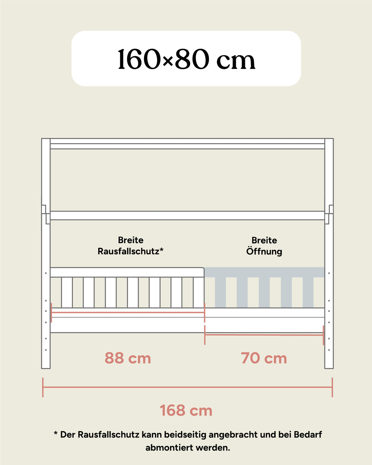Maßangaben Hausbett Kiefer 160x80 cm Frontansicht.