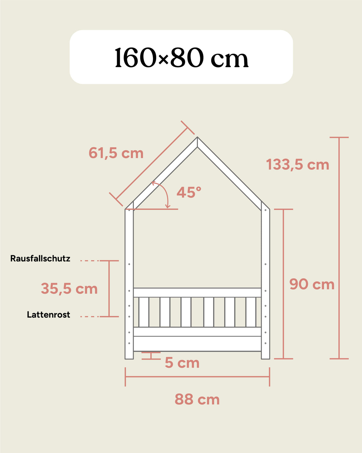 Maßangaben Hausbett Kiefer 160x80 cm bodennah montiert Seitenansicht.
