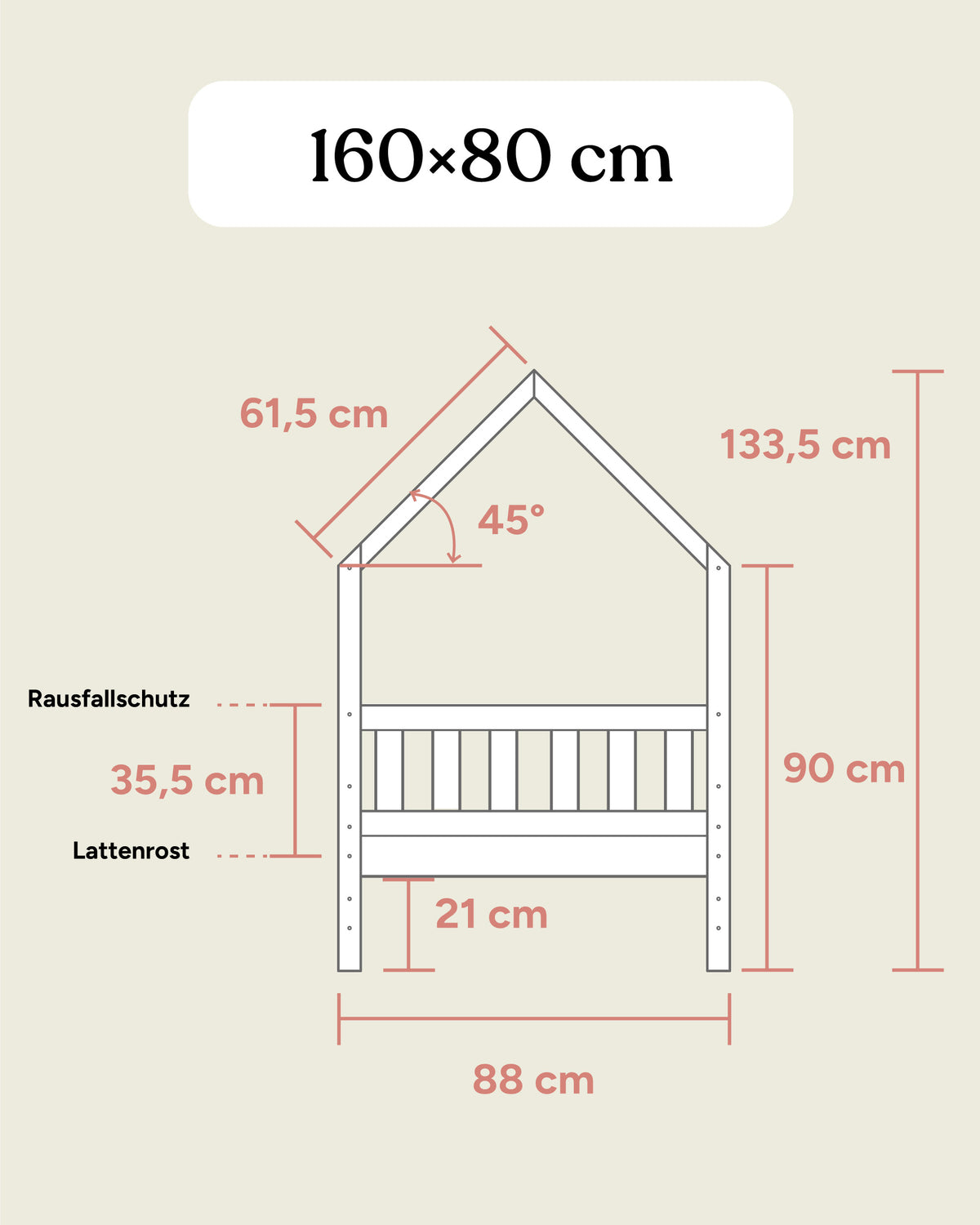 Maßangaben Hausbett Kiefer 160x80 cm Seitenansicht.