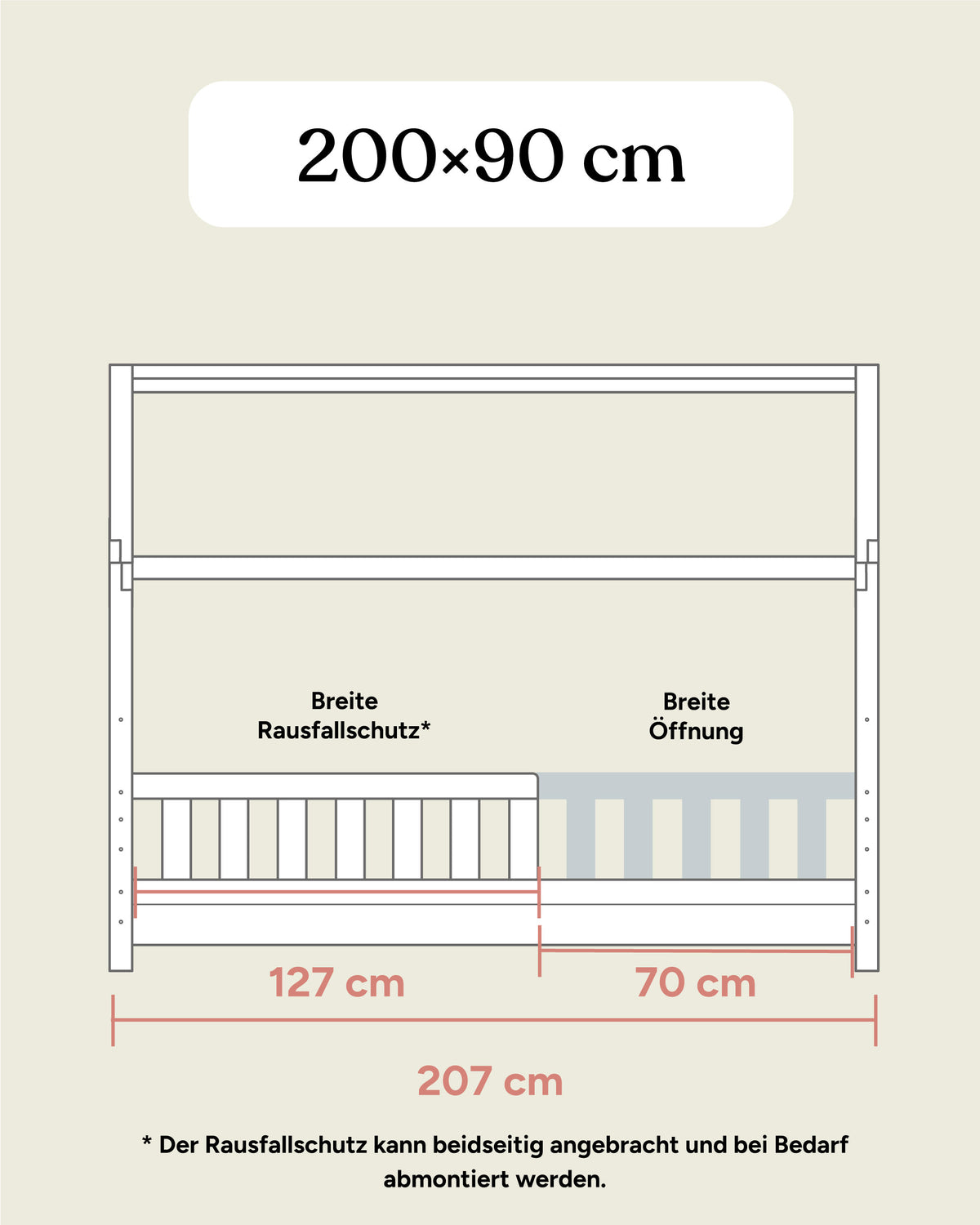 Maßangaben Hausbett Kiefer 200x90 cm bodennah montiert Frontansicht.