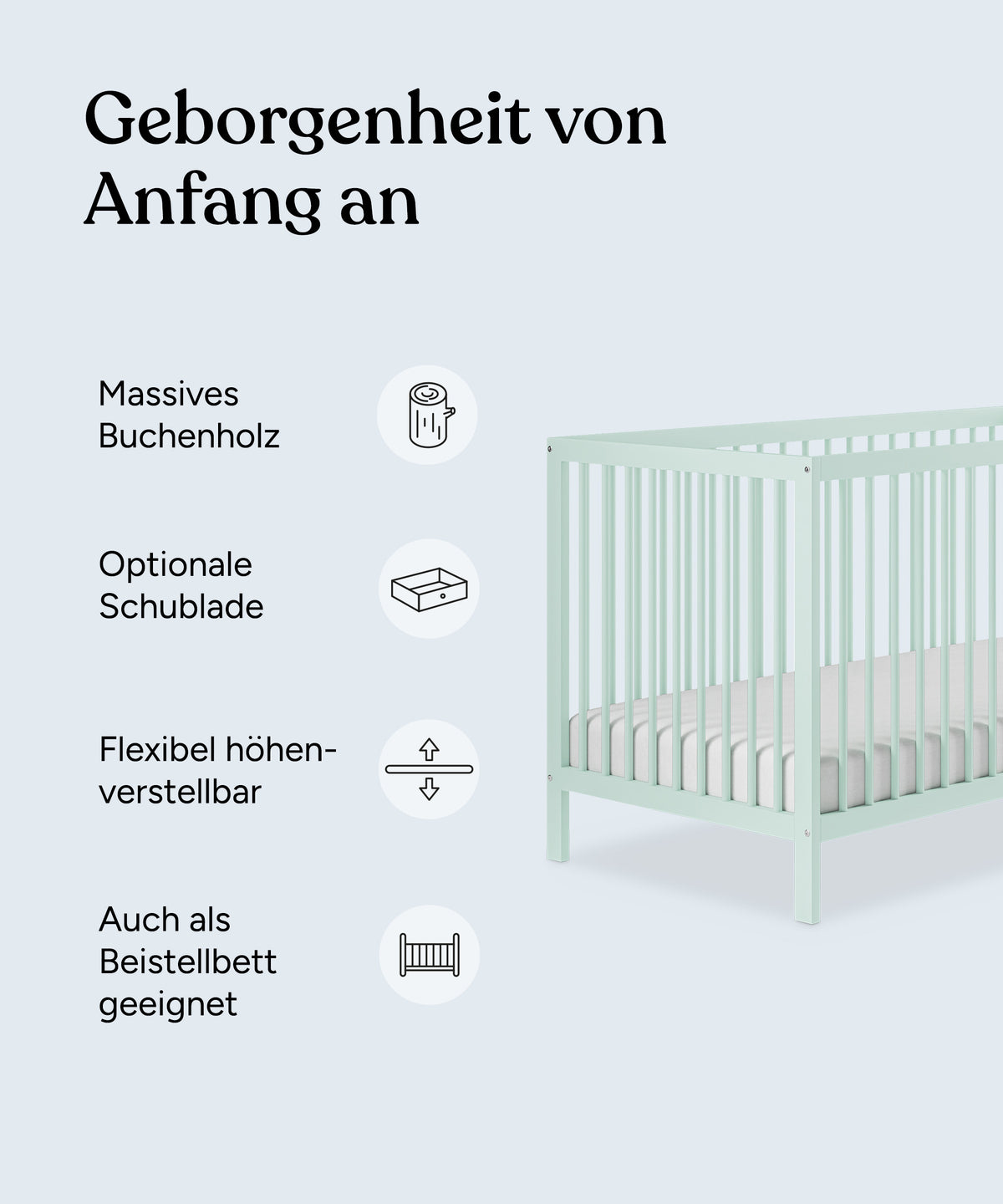Vorteile Babybett Mini: Massives Buchenholz, optionale Schublade, flexibel höhenverstellbar, auch als Beistellbett geeignet.