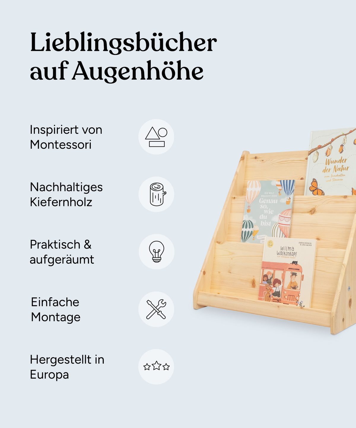 USP-Grafik mit 5 USPs zum Bücherregal.